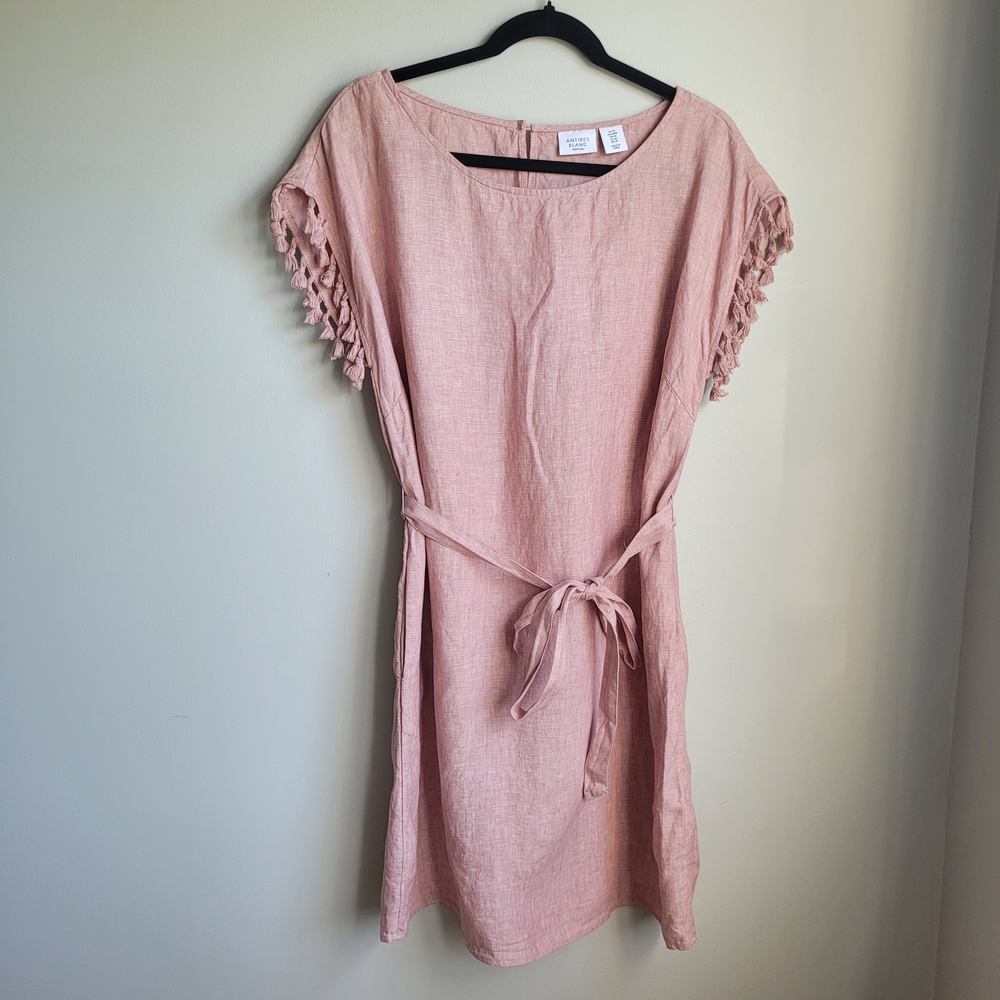 Pink LINEN Tie Front Sheath Dress with Tassel Sleeves